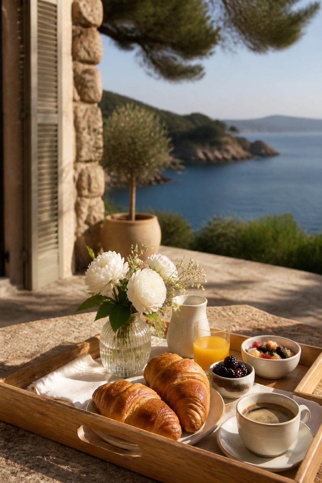 Petit-déjeuner d'accueil sur une terrasse en pierre face à la mer